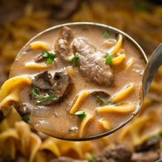 a spoon full of pasta and meat soup