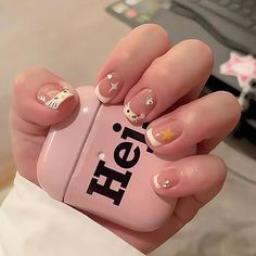 French Nails with Cute Design #nails #hellokitty #starnails Nails White French, White French Tips, Press On Nails Square, Fake Nails White, Hello Kitty Nails, Nails Square, Nails White, Short Square Acrylic Nails