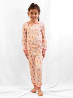 kids Christmas pajama set in pink with trees and presents. Long Sleeve Pajamas, Colorful Patterns, Green Collection, Fall Tee, Family Christmas Pajamas, Spirit Wear, Kids Boutique, Capri Blue, Photo Op