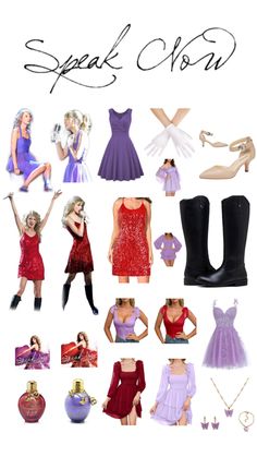 several different types of women's dresses and shoes with the words speak now above them