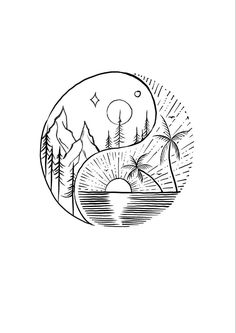 a black and white drawing of mountains, trees, and sun in the sky with an oval