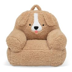 a stuffed dog sitting in a brown chair