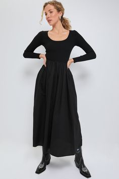 Black Midi Dress | Moon River Polyester Skirt, Moon River, Ruched Skirt, Heels Boots, Black Midi, Mom Style, Black Midi Dress, Full Skirt, Clothing Company