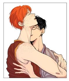 an orange haired man with glasses hugging another mans face while he has his arm around him