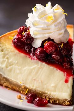 a piece of cheesecake with whipped cream and cherries on top sits on a plate