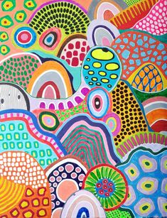 an abstract painting with lots of different colors and patterns on it, including circles and dots