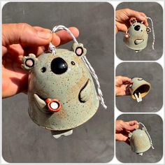 a hand holding a ceramic animal ornament with four different angles to it's face