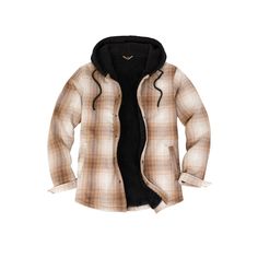 Stay warm in style with the Men's Hooded Flannel Shirt Jacket. This cozy 6.5oz brushed fabric, snap front, and sherpa-lined plaid is pre-washed for softness and features two chest pockets and adjustable cuffs for a functional, comfortable fit that won't restrict your movement - perfect for any winter adventure! Give the gift of warmth and comfort with this stylish and classic hooded flannel. Winter Flannel Shacket For Outdoors, Winter Outdoor Flannel Shacket, Casual Shacket With Fleece Lining For Outdoor, Cozy Flannel Outerwear For Winter, Cozy Flannel Winter Outerwear, Casual Sherpa Hooded Jacket With Fleece Lining, Casual Fleece-lined Shacket For Cold Weather, Casual Shacket With Fleece Lining For Cold Weather, Casual Sherpa Hooded Jacket With Long Sleeves