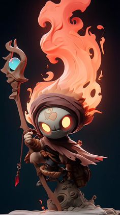 an illustration of a cartoon character holding a torch and wearing a helmet with flames coming out of it