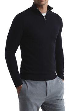 A stand collar and quarter-zip closure bring classy ease to a fitted sweater knit from expertly dyed mélange wool. 26" length (size Small) Stand collar Long sleeves 100% wool Hand wash, dry flat Imported Quarter Zip Outfit Men, Jumper Outfit Men, Zip Sweater Outfit, Quarter Zip Outfit, Work Wear Men, Dark Grey Suit, Sweater Outfits Men, Dark Gray Suit, Black Outfit Men