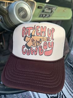 Adjustable Snap Back Trucker "Put Em Up, Cowboy" Available in Brown/Beige or Baby Pink OTTO 39-165 - High Crown Polyester Foam Front 5-Panel Trucker Hat ***These Are PRINTED/MADE TO ORDER! Please Allow 7-10 Business Days To Ship. If You Order Multiple Items, These Will Be Shipping Out SEPARATELY From Your Order. Aesthetic Trucker Hats, Country Trucker Hat, Trucker Hat Pins, Cute Western Hats, Cute Trucker Hats, Trucker Hat Outfit Women, Western Trucker Hats, Trucker Hat Designs, Trendy Trucker Hats