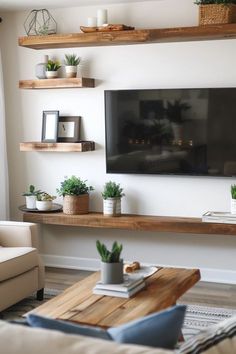 a flat screen tv mounted on the wall in a living room with potted plants