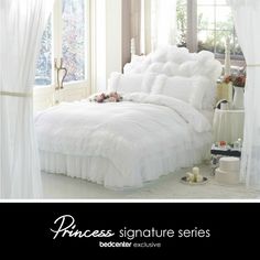 there is a white bed with ruffles on it and the words princess signature series