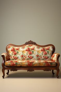 an old fashioned couch with floral fabric on the back and arms, sitting in front of a gray wall