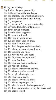 a list with the words 10 days of writing written in different font styles and colors