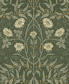 an intricately designed wallpaper with white flowers and leaves on dark green, gold - toned background