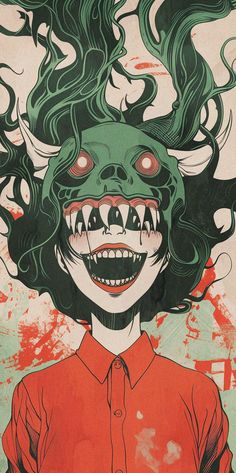 an illustration of a woman with green hair and demonish makeup on her face, wearing a red shirt