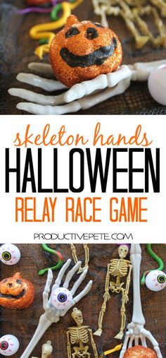 skeleton hands halloween relay race game for kids to play on the table with skeletons and pumpkins