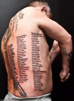 the back of a man's upper body with many words on it