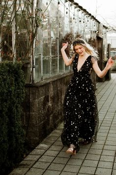 Black Sequin Star Mesh Ruffle Maxi Dress Mesh Star Dress, Black Starry Dress, Velaris Starfall Dress, Witchy Wedding Guest Dress, Black Celestial Dress, Celestial Prom Dress, Black Sequin Bridesmaid Dress, Black Dress With Stars, Starfall Dress