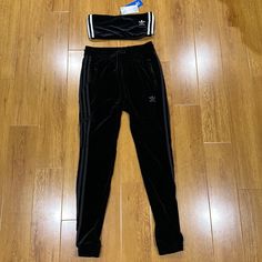 Bandeau Top Brand New With Tag Pants Cuffed Worn Once Basically New Top Size Small Pants Size Xs Adidas Fitted Pants For Streetwear, Fitted Black Adidas Pants, Adidas Fitted Bottoms For Streetwear, Fitted Black Adidas Sets, Adidas Black Fitted Sets, Fitted Adidas Black Bottoms, Pans Adidas, Black And White Joggers, Athletic Pants Womens