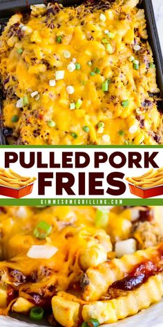 Got leftover smoked pulled pork? Make these easy Pulled Pork Fries for dinner or as a party appetizer. Simply layer frozen French Fries with pulled pork, BBQ sauce, onions and cheese. So delicious! Pulled Pork Leftover Recipes, Green Onions Recipes, Pulled Pork Pizza, Leftover Pulled Pork