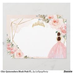 a card with pink flowers and a princess's tiara on the top, in front of a white background