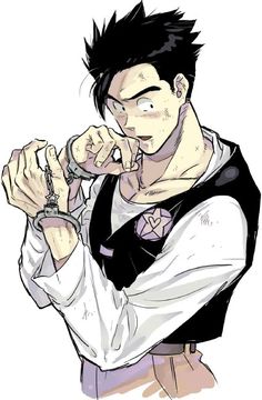 an anime character with black hair and piercings on his head, holding a watch