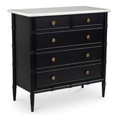 a black dresser with marble top and brass pulls on the bottom drawer, against a white background