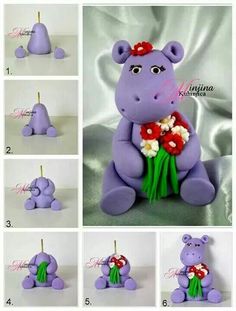 there is a purple bear with flowers in it's lap and four pictures of the same animal