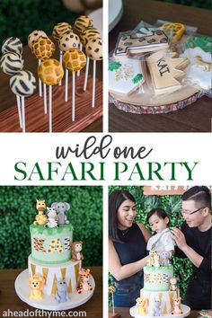 a collage of photos with different cakes and desserts on them, including one for a safari party