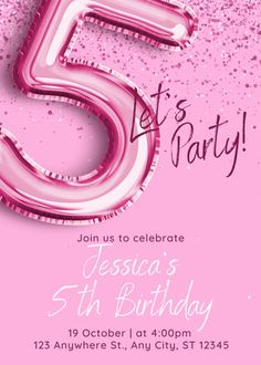 a pink birthday party card with the number five on it's front and back