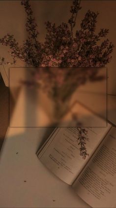 an open book sitting on top of a table next to a vase filled with flowers