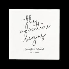 the adventure begins wedding sticker on a white envelope with black ink that reads,'the adventure begins '