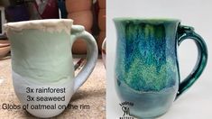 two mugs with different designs on them, one is green and the other is blue