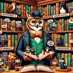 an owl reading a book in front of bookshelves filled with cats and other animals