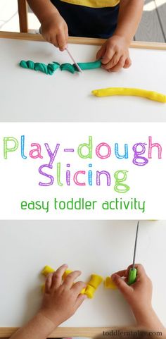 two children playing with play dough using scissors and plastic spoons on a white table