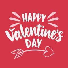 the words happy valentine's day written in white ink on a red background with an arrow