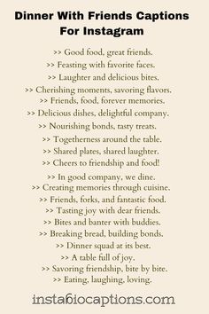 Discover the perfect dinner with friends captions for Instagram! 🍽️👫 Spice up your social feed with these delightful and fun quotes that capture the essence of a great meal shared with friends. From hilarious to heartwarming, find the ideal caption to complement your memorable moments together. #DinnerWithFriends #FriendshipGoals #FoodieLife Get Together Captions Instagram, Food Captions With Friends, Food Partner Captions, Lunch With Friend Caption, One Year Ago Memories Caption, Dinner Party Captions, Family Bios For Instagram, Day Well Spent Captions Friends, Dinner Out Captions Instagram