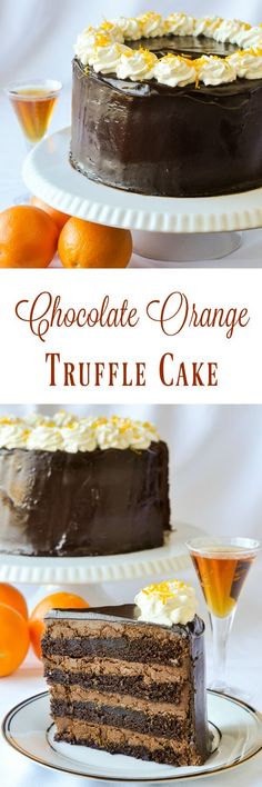 chocolate orange truffle cake on a white plate with an orange slice next to it