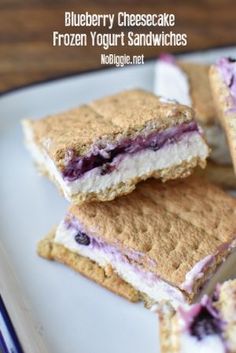 blueberry cheesecake frozen yogurt sandwiches on a plate