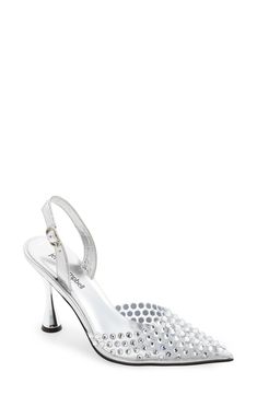 Glittering rhinestones and delicate cutouts add fairytale whimsy to a chic pointy-toe pump that shines through the night. 3 1/2" heel (size 8.5) Synthetic upper/leather lining/synthetic sole Imported Jeffrey Campbell, Women's Pumps, Size 7, Nordstrom, Pumps, Heels, Silver, Leather