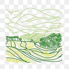 a green and yellow landscape with hills, clouds, and houses on the horizon line art png