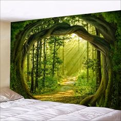 an image of a forest scene with sunlight coming through the trees wallpaper mural print