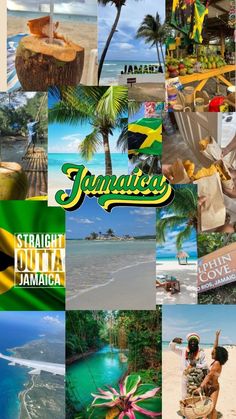 jamaica collage with various pictures and captioning the country's name in green