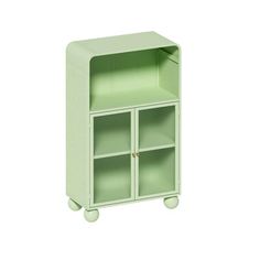 a green cabinet with two doors and wheels on the bottom, in front of a white background