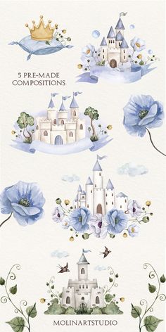 watercolor painting with blue flowers and castle