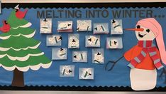 a bulletin board with snowmen and christmas trees on the front, along with magnets that read melting into winter