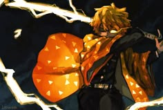 an anime character is standing in front of a tree with orange lights on it's branches