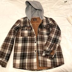 Boys Flannel, Faux Sherpa Lined, Jersey Knit Hoodie, Never Worn, The Sleeves Are Also Lined With The Faux Sherpa. I Bought It For My Son And It Was Too Small. Boys Size L(14/16). Very Cozy And Soft. Cozy Flannel Outerwear With Long Sleeves, Cozy Long Sleeve Flannel Outerwear, Plaid Hooded Flannel Outerwear, Hooded Flannel Outerwear For Fall, Winter Flannel Outerwear With Pockets, Casual Sherpa Hooded Jacket With Long Sleeves, Cozy Flannel Outerwear For Winter, Cozy Flannel Winter Outerwear, Fall Sherpa Hoodie With Pockets